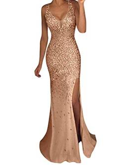 Minetom Cocktailkleider Damen Hochzeitskleid Frauen Festliches Kleid Glänzend Pailletten Elegant Lang Abend Party Ballkleid Brautjungfer V-Ausschnitt Split Maxikleid A Gold M von Minetom