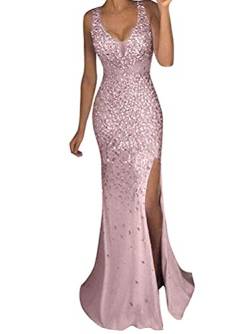 Minetom Cocktailkleider Damen Hochzeitskleid Frauen Festliches Kleid Glänzend Pailletten Elegant Lang Abend Party Ballkleid Brautjungfer V-Ausschnitt Split Maxikleid A Rosa L von Minetom