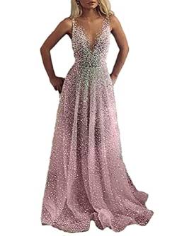 Minetom Cocktailkleider Damen Hochzeitskleid Frauen Festliches Kleid Glänzend Pailletten Elegant Lang Abend Party Ballkleid Brautjungfer V-Ausschnitt Split Maxikleid B Rosa XL von Minetom