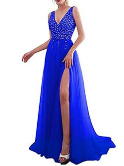 Minetom Cocktailkleider Damen Hochzeitskleid Frauen Festliches Kleid Glänzend Pailletten Elegant Lang Abend Party Ballkleid Brautjungfer V-Ausschnitt Split Maxikleid C Blau L von Minetom