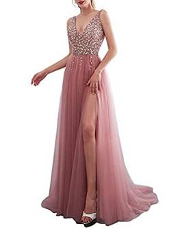 Minetom Cocktailkleider Damen Hochzeitskleid Frauen Festliches Kleid Glänzend Pailletten Elegant Lang Abend Party Ballkleid Brautjungfer V-Ausschnitt Split Maxikleid C Rosa L von Minetom