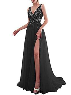 Minetom Cocktailkleider Damen Hochzeitskleid Frauen Festliches Kleid Glänzend Pailletten Elegant Lang Abend Party Ballkleid Brautjungfer V-Ausschnitt Split Maxikleid C Schwarz XL von Minetom