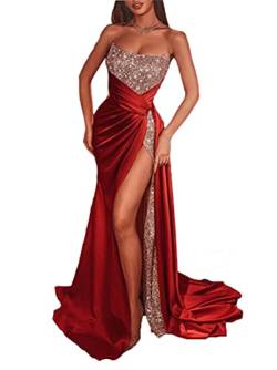 Minetom Cocktailkleider Damen Hochzeitskleid Frauen Festliches Kleid Glänzend Pailletten Elegant Lang Abend Party Ballkleid Brautjungfer V-Ausschnitt Split Maxikleid D Rot L von Minetom