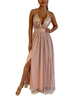 Minetom Cocktailkleider Damen Sexy Pailletten Hochzeitskleid Festliches Kleid Lang Abend Party Ballkleid Brautjungfer V-Ausschnitt Split Maxikleid F Champagner XL von Minetom