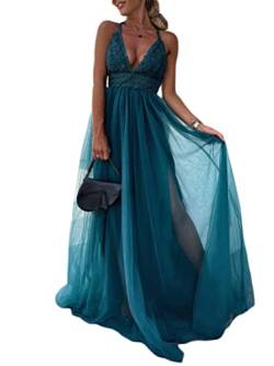 Minetom Cocktailkleider Damen Sexy Spitzenkleid Hochzeitskleid Festliches Kleid Lang Abend Party Ballkleid Brautjungfer V-Ausschnitt Maxikleid E Grün L von Minetom