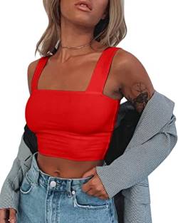 Minetom Crop Tops Damen Ärmellos Oberteil Cropped Top Quadratischer Kragen Tank Top Sexy Bauchfrei T-Shirt Sommer Casual Tanktops Camisole Oberteil A Rot S von Minetom