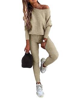 Minetom Damen 2 Stück Strickanzug Pullover Anzug Langarm Schulterfrei Oberteile Hosen Zweiteilige Strickpullover Sportanzug A Beige 34 von Minetom