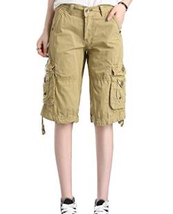 Minetom Damen 3/4-Hose Designer Cargo Shorts Capri Bermuda Kurze Stoffhose Jeanshose Reißverschluss Cargo Khaki X-Large von Minetom