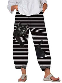 Minetom Damen 7/8 Jogginghose Haremshose Baggy Mit Taschen Pumphose Sommerhose Leichte Yoga Freizeithose Tierdruck Strand Hose A Schwarz Katze 4XL von Minetom