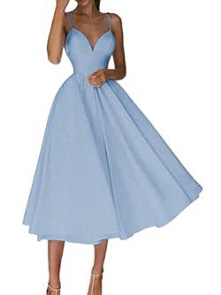 Minetom Damen A-Linie Elegant Festlich Abendkleid Rockabilly Party Cocktailkleid V-Ausschnitt Ärmellos Hochzeit Midi Kleid Swing Kleider B Blau S von Minetom