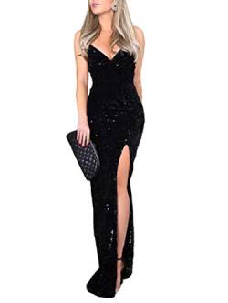 Minetom Damen Abendkleider V-Ausschnitt Sexy Cocktailkleid Hochzeit Maxikleid Glänzend Pailletten Hoch Partykleid Ärmellos Spaghetti Langes Kleid Schwarz 38 von Minetom