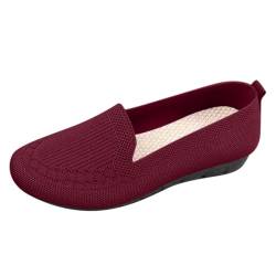 Minetom Damen Ballerina Slip On Schuhe Casual Stricken Ballerinas Bequem Weich Sportlich Flache Schuhe Runde Zehe Komfort Flats Schuhe D Rot 36 EU von Minetom