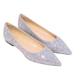 Minetom Damen Ballerinas Elegant Glänzende Pailletten Flache Ballerinas Spitze Zehe Glitzer Bequeme Party Hochzeit Flats Schuhe E Silber 39 EU von Minetom