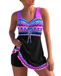 Minetom Damen Bauchweg Bademode Tankini Set Zweiteilig Push Up Badeanzug Strand Schwimmanzug Swimwear Bikini Badekleid mit Shorts E Schwarz L von Minetom