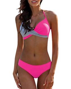 Minetom Damen Bikini Set Sommer Sexy Bademode Strand Push Up BH 2 Pieces Badeanzug Schwimmanzug Farbblock Neckholder Badebekleidung Rose DE 48 von Minetom