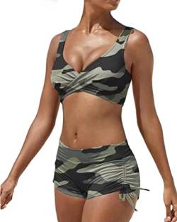 Minetom Damen Bikini Set Zweiteiliger Badeanzug Bademode Push Up Bikini und Hotpants Träger Oberteil Kordelzug Side Bikinihose Shorts A Armeegrün M von Minetom