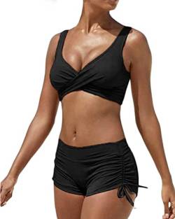 Minetom Damen Bikini Set Zweiteiliger Badeanzug Bademode Push Up Bikini und Hotpants Träger Oberteil Kordelzug Side Bikinihose Shorts A Schwarz M von Minetom