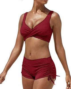 Minetom Damen Bikini Set Zweiteiliger Badeanzug Bademode Push Up Bikini und Hotpants Träger Oberteil Kordelzug Side Bikinihose Shorts A Weinrot XS von Minetom