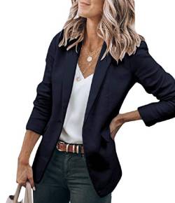 Minetom Damen Blazer Elegant Dünn Langarm Revers Blazerjacke Slim Fit Einfarbig Lässige Vintage Trenchcoat Mantel Geschäft Büro Jacke Longblazer mit Tasche A Dunkelblau M von Minetom