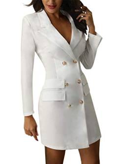 Minetom Damen Blazer Kleid Frauen Elegant Langarm V-Ausschnitt Zweireihig Solide Hemdkleid Business Lange Hülse Büro Jacken Knopf Anzug Weiß DE 38 von Minetom