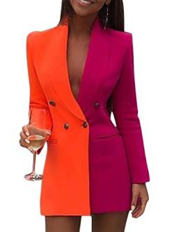 Minetom Damen Blazer Kleid Frauen Langarm V-Ausschnitt Hemdkleid Business Lange Knopf Anzug Spleißen Minikleider Orange 40 von Minetom