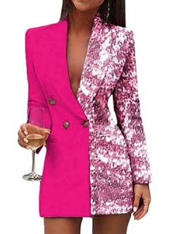 Minetom Damen Blazer Kleid Frauen Langarm V-Ausschnitt Hemdkleid Business Lange Knopf Anzug Spleißen Minikleider Rosa 38 von Minetom