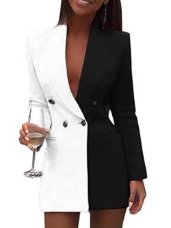 Minetom Damen Blazer Kleid Langarm V-Ausschnitt Hemdkleid Business Lange Knopf Anzug Spleißen Minikleider Schwarz 44 von Minetom