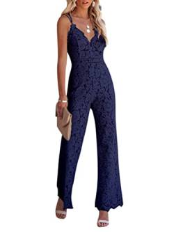 Minetom Damen Blumen Jumpsuit Spitze V-Ausschnitt Ärmelloser Lang Jumpsuit Langarm Overall Cocktail Party Festlich Hosenanzug Playsuit Romper Für Hochzeit A Marine L von Minetom