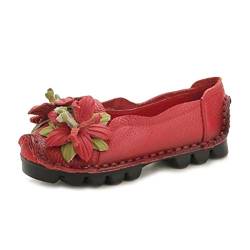 Minetom Damen Blumen Mokassins Atmungsaktiv Leder Bootsschuhe Freizeit Loafers Flache Fahren Halbschuhe Schuhe Rot 41 EU von Minetom