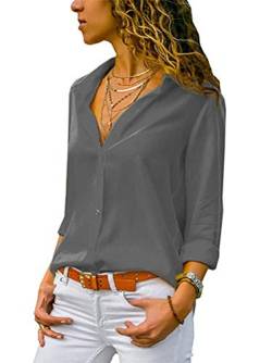 Minetom Damen Bluse Chiffon Elegant V-Ausschnitt Langarm Casual Oberteile Hemd Lose Langarmshirt Tops Z Grau 38 von Minetom