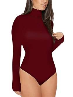 Minetom Damen Body Langarm Top Elegant Rollkragen Elastisch Bodysuit Bodycon Overall Club Party Oberteil Shirt Jumpsuit A Weinrot L von Minetom