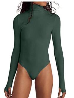 Minetom Damen Body Langarm Top Elegant Rollkragen Elastisch Bodysuit Bodycon Overall Club Party Oberteil Shirt Jumpsuit B Grün M von Minetom