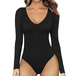 Minetom Damen Body Langarm V-Ausschnitt Sexy Body Bodysuit Tops Einfarbig Oberteil Wrap Bodies Langarmbody Blickdichter Classics Damen Top Jumpsuit B Schwarz XS von Minetom