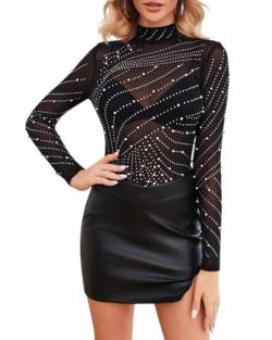 Minetom Damen Body Sexy Sheer Mesh Strass Langarm Bodysuit Bluse Tops Rollkragen Oberteil Glitzermuster Slim T-Shirt Clubwear A Schwarz S von Minetom