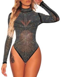 Minetom Damen Body Sexy Sheer Mesh Strass Langarm Bodysuit Bluse Tops Rollkragen Oberteil Glitzermuster Slim T-Shirt Clubwear D Schwarz M von Minetom