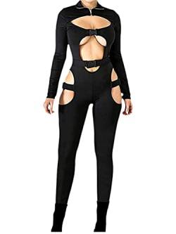 Minetom Damen Bodycon Jumpsuit Mit Langen Ärmeln Reißverschluss Am Hals Hohl Schnalle Aushöhlen Kurzer Strampler Clubwear Y2K Streetwear A Schwarz S von Minetom