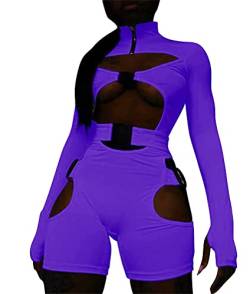 Minetom Damen Bodycon Jumpsuit Mit Schnalle High Neck Strampler Langarm Aushöhlen Kurzer Strampler Clubwear Y2K Streetwear B Violett XS von Minetom