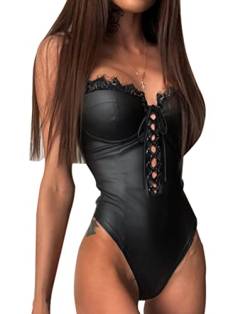 Minetom Damen Bodysuit Sexy Kunstleder Body Blusebody Bodysuits Oberteil Tops Slim Club Party Bodycon Jumpsuit Overall Clubwear I Schwarz XL von Minetom