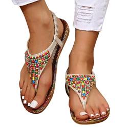 Minetom Damen Böhmen Flache Sandalen Boho Clip Toe Flip Flop Zehentrenner Schuhe Mädchen Sommerschuhe Strandschuhe Pantoletten Hausschuhe A Beige 40 EU von Minetom