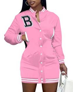 Minetom Damen Bomber Kleid College Bedruckte Jacke 90S Vintage Racing Kleider Lange Sweat Jacket Baseball Minikleider Streetwear A Rosa M von Minetom