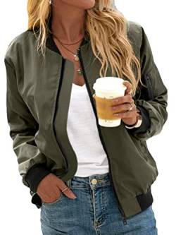 Minetom Damen Bomberjacke Ladies Light Bomber Jacket Leichte Fliegerjacke Blouson Reißverschluss Pilotenjacke Kurzjacke Damenjacke Herbst Frühling College Jacke A Grün XXL von Minetom