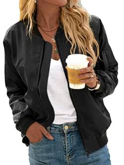 Minetom Damen Bomberjacke Ladies Light Bomber Jacket Leichte Fliegerjacke Blouson Reißverschluss Pilotenjacke Kurzjacke Damenjacke Herbst Frühling College Jacke A Schwarz M von Minetom