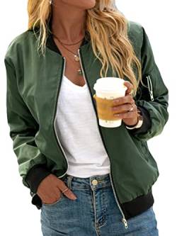 Minetom Damen Bomberjacke Ladies Light Bomber Jacket leichte Fliegerjacke Blouson Pilotenjacke Kurzjacke Damenjacke Herbst Frühling College Jacke A Grün XS von Minetom