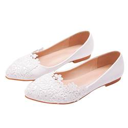 Minetom Damen Braut Hochzeit Abend Party Schuhe Frauen Spitzen Blume Flache Ballerinas Elegante Kleid Brautschuhe C Weiß 36 EU von Minetom