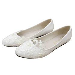 Minetom Damen Braut Hochzeit Abend Party Schuhe Frauen Spitzen Blume Flache Ballerinas Elegante Kleid Brautschuhe D Weiß 38 EU von Minetom