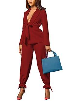 Minetom Damen Business Anzug Set Hosenanzug Blazer Hose 2-teilig Anzug Karo Kariert Zweiteiler Slimfit Streetwear E Rot M von Minetom