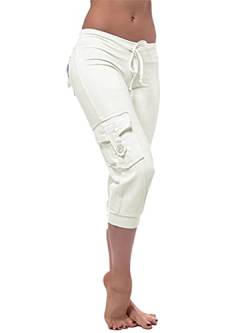 Minetom Damen Capri 3/4 Hose Kurze Caprihose Sommer Bermuda Stretch Stoffhose Sommerhose Knielang Leggings Freizeithose A Weiß 3XL von Minetom