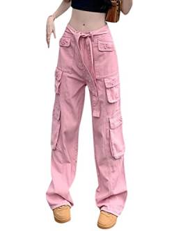 Minetom Damen Cargohose Low Waist Cargo Jeans Gerade Breites Bein Baggy Denim Hosen Y2k Indie Aesthetic Vintage Jeanshosen 90er Streetwear I Rosa L von Minetom