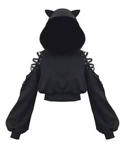 Minetom Damen Cat Ears Black Hoodie Langarm Kapuzenpullover Sweatshirt Hollow Out Schulterfrei Gothic Pullover Mit Kapuze A Schwarz S von Minetom