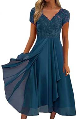 Minetom Damen Chiffon Kleider Spitzenkleid Cocktailkleid Festliches Ballkleid Brautjungfernkleider Für Hochzeit Midi Abendkleider C Blau M von Minetom